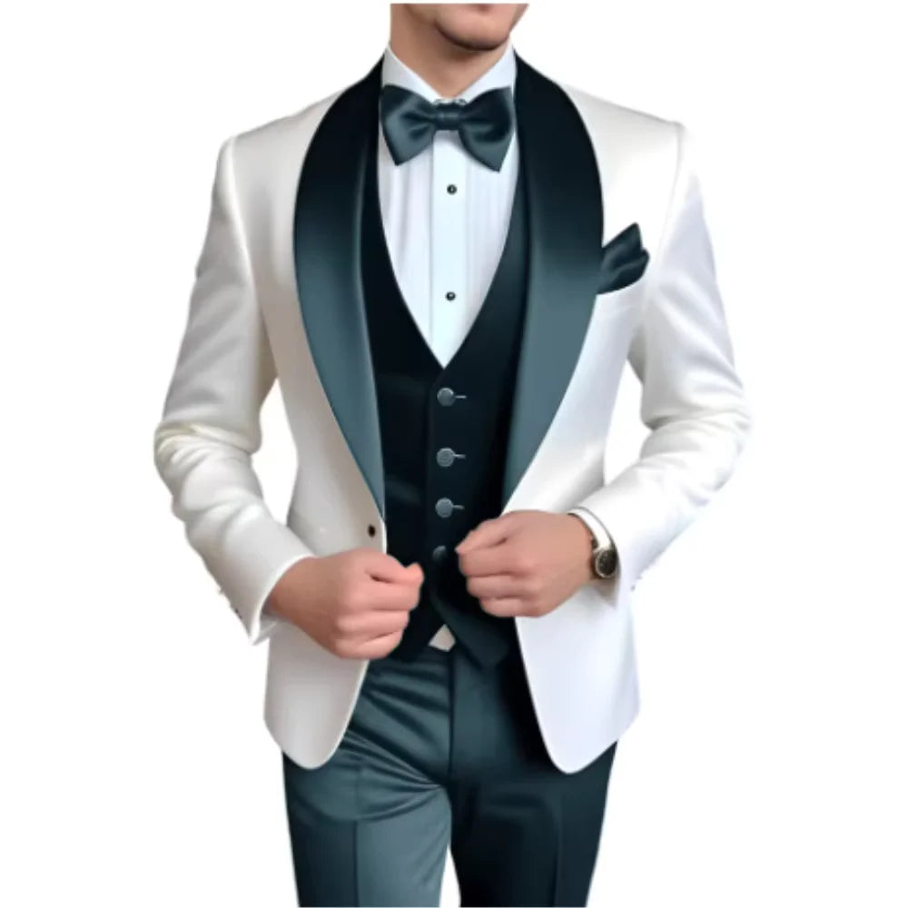 Solid Color Slim Fit Men's Tuxedo 3-Piece Set Fashion Business Wedding Suit with Shawl Lapel Blazer Vest Pants for Groom Party