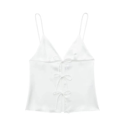 Women Front Bow Tie Top Elegant V Neck Solid Camis Sleeveless Backless Sexy Lady Straps Tanks Y2k Female Slim Crop Tops