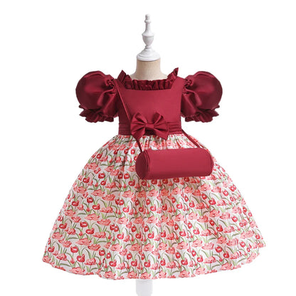 Summer Girls Dress With Bag Elegant Kid Floral Print Princess Party Dresses For Girl Children Costume Birthday Wedding Prom Gown