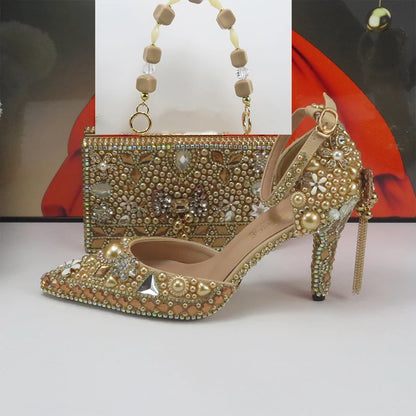 Luxury Champagne Golden Crystal wedding shoes matching bags woman fashion Thick heel Women party dress shoes Pointed Toe shoes