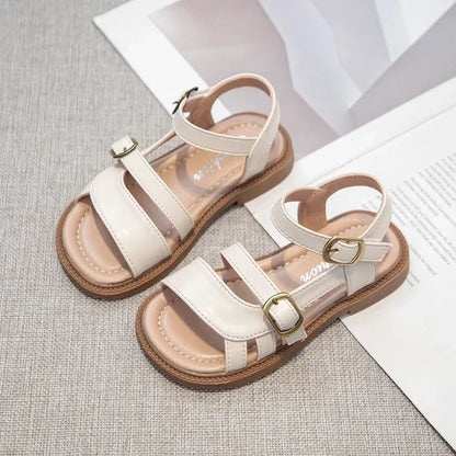 Girls Roman Sandals Open Toe Little Kids Leather Sandals with Buckle Open Toe Children Summer Beach Shoes Non-Slip Soft Sole