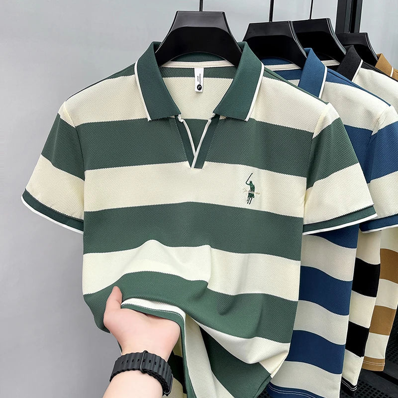 High End Embroidered Polo Shirt for Men, 2026 New Summer Striped Men's Short Sleeved T-shirt, Pure Cotton Lapel Half Sleeved Top