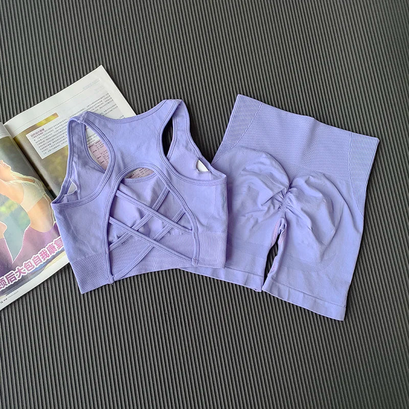 High Waist Butt Lifting Fitness Suit Gathering Beautiful Back Yoga Suit Bras Quick-drying Running Peach Buttock Training 2PCS