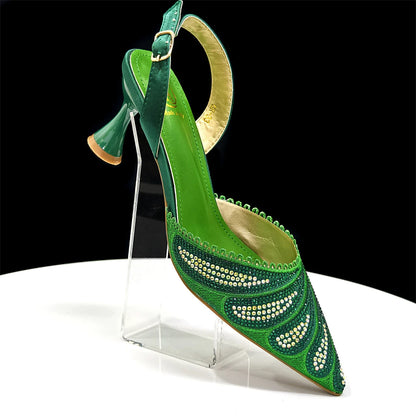New Green Colour Pointed-Toe Diamond-Studded Party Women's High Heels Gorgeous Parties Shoes and Bag to Match