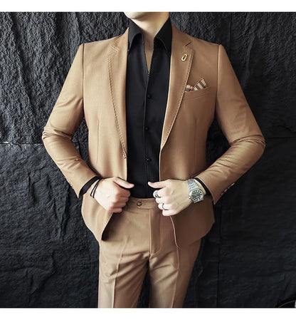 Men's Korean Style Slim Fit Suit Set, High Quality Fabric Solid Color Edge Pressing for Wedding Business