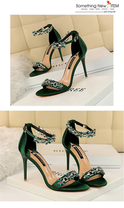 Open Toe Rhinestones Sandals Women 2024 New Designer Luxury High Heels Female Shoes Summer Heeled Satin One Word Belt 368-1