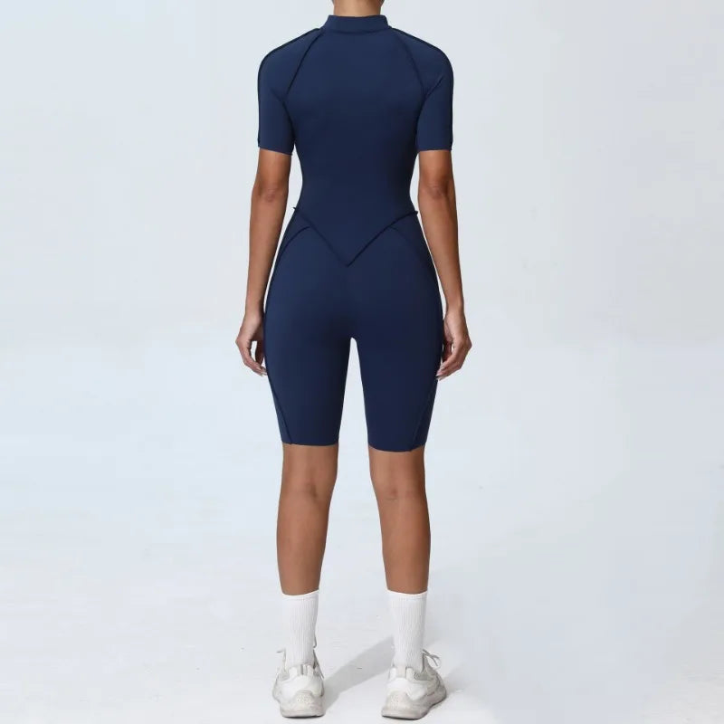Zipper Short-sleeved Yoga Sports Fitness Jumpsuits Sets Without Chest Pad Tight Bodysuits Shorts Gym Workout Clothes for Women