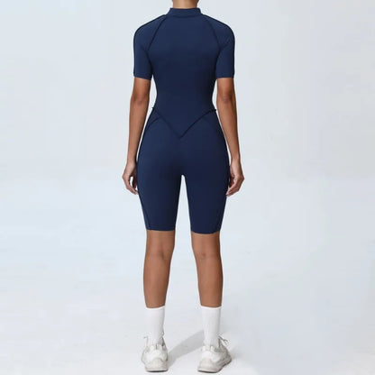 Zipper Short-sleeved Yoga Sports Fitness Jumpsuits Sets Without Chest Pad Tight Bodysuits Shorts Gym Workout Clothes for Women