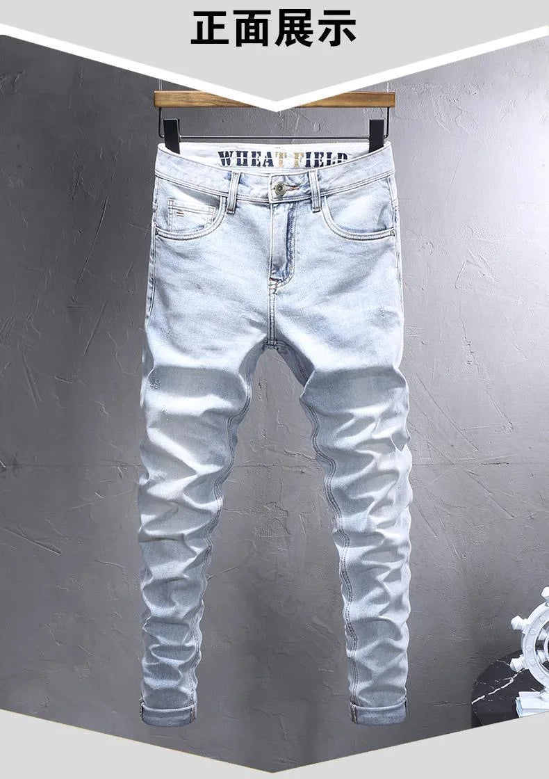 Spring and Autumn New Fashion Trend Solid Color Straight Stretch Denim Pants Men Slim Breathable High Quality Small Foot Pants