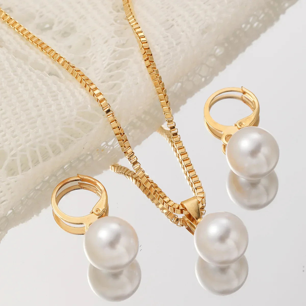3 Pcs/Set Round Pearl Pendant Necklace For Women Exquisite Fashion Rhinestone Double  Earring Wedding Jewelry Set Gift