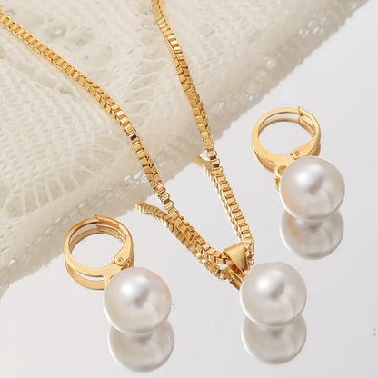 3 Pcs/Set Round Pearl Pendant Necklace For Women Exquisite Fashion Rhinestone Double  Earring Wedding Jewelry Set Gift
