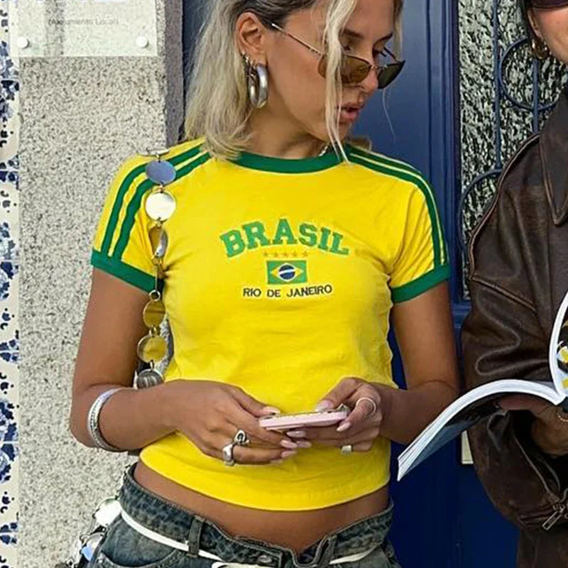 Y2k Five-star Brazil Crop Top Summer Women Aesthetics Baby Tees Gothic Emo Girl Vintage Letter Print Casual Short Sleeve T-shirt