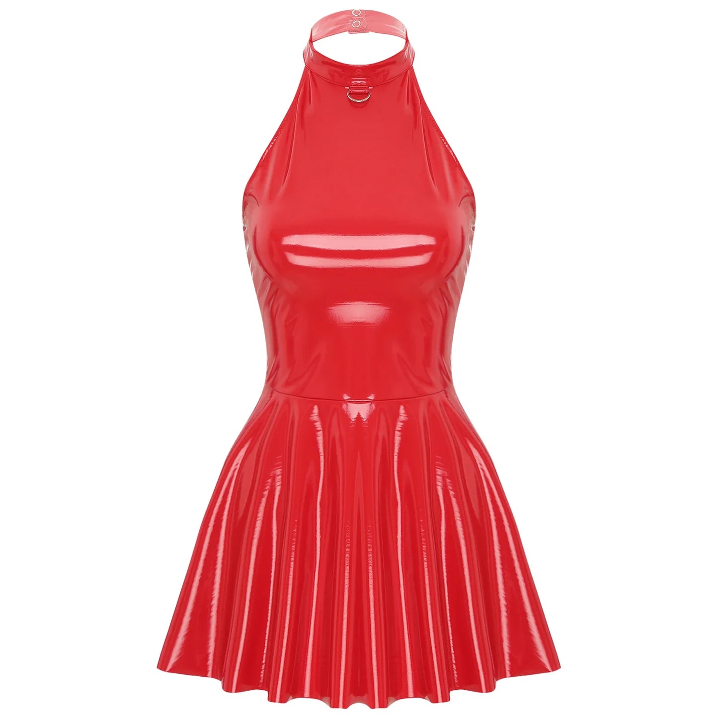 Glossy Patent Leather Glossy Mini A-Line Latex Dress for Womens Swing Skirt Skater Bodycon Mini Dress Rave Disco Party Clubwear