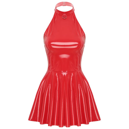 Glossy Patent Leather Glossy Mini A-Line Latex Dress for Womens Swing Skirt Skater Bodycon Mini Dress Rave Disco Party Clubwear