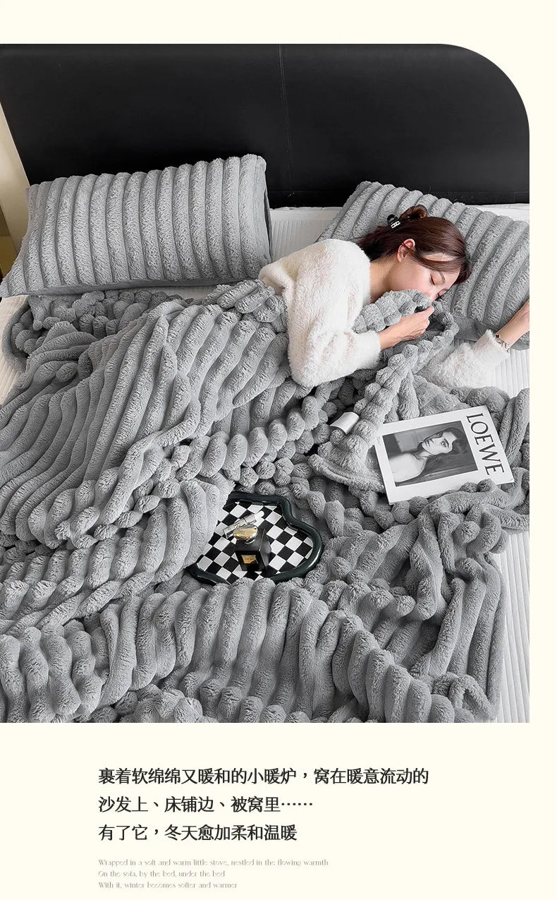 2025 New Rabbit Plush Blanket Draw Stripe Thickened Flannel Blanket Shawl Coral Fleece Sofa Blanket, without Pillowcase