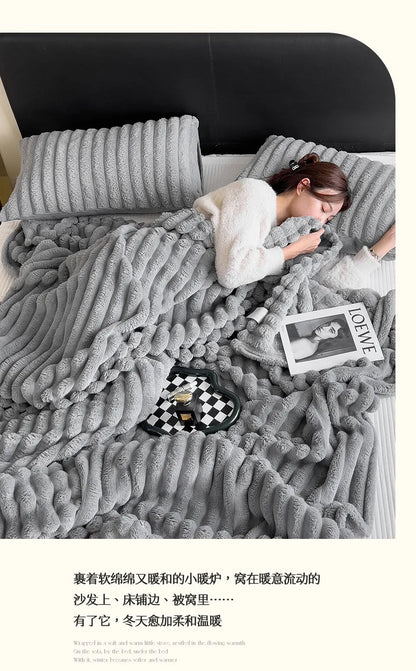 2025 New Rabbit Plush Blanket Draw Stripe Thickened Flannel Blanket Shawl Coral Fleece Sofa Blanket, without Pillowcase
