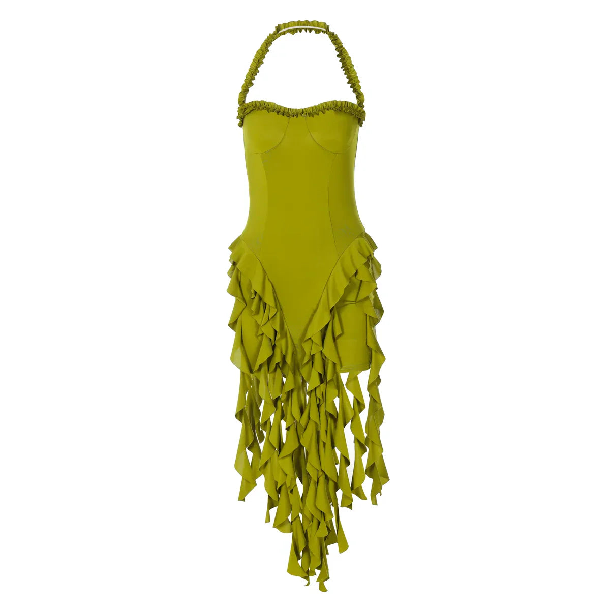 Elegant Halter Solid Ruffles Backless Taseel Sexy Slim Mini Dress Spring Women Cute Outfits Birthday Party Vacation