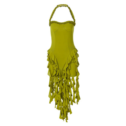 Elegant Halter Solid Ruffles Backless Taseel Sexy Slim Mini Dress Spring Women Cute Outfits Birthday Party Vacation