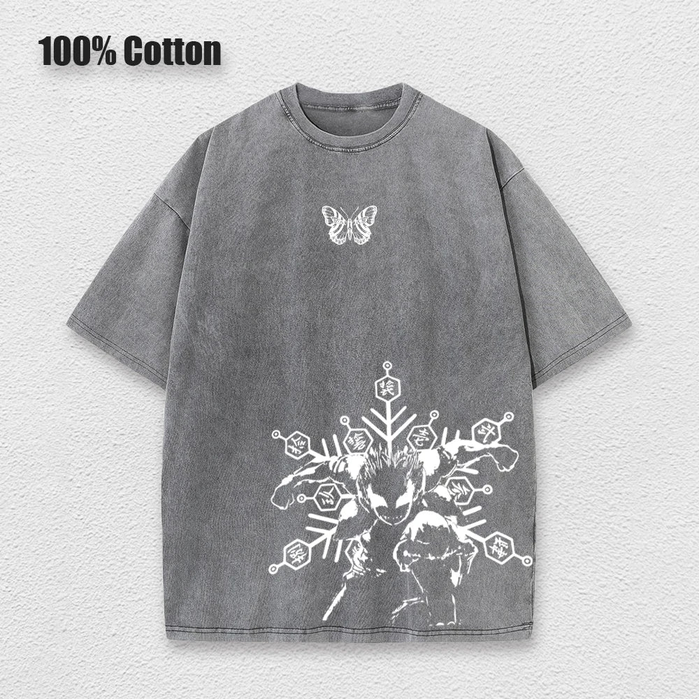 Anime Printed Washed Tshirt Demon Slayer Akaza Poster Performance Top Men Retro Harajuku Style Pullover Short Sleeves Unisex