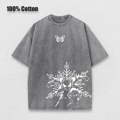 Anime Printed Washed Tshirt Demon Slayer Akaza Poster Performance Top Men Retro Harajuku Style Pullover Short Sleeves Unisex
