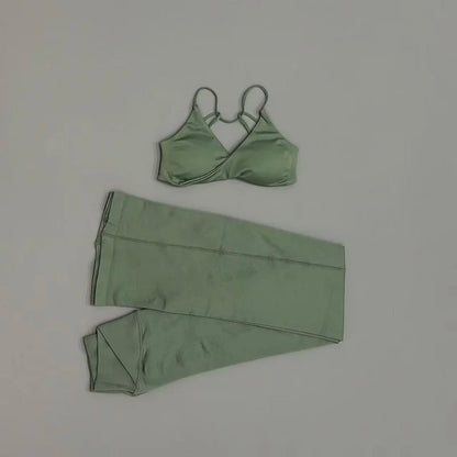2Pcs Sports Set Women Seamless Front Tie Crossover Bra Crossover Waist Flare Leggings Sets Gym Fitness Workout Sports Sets
