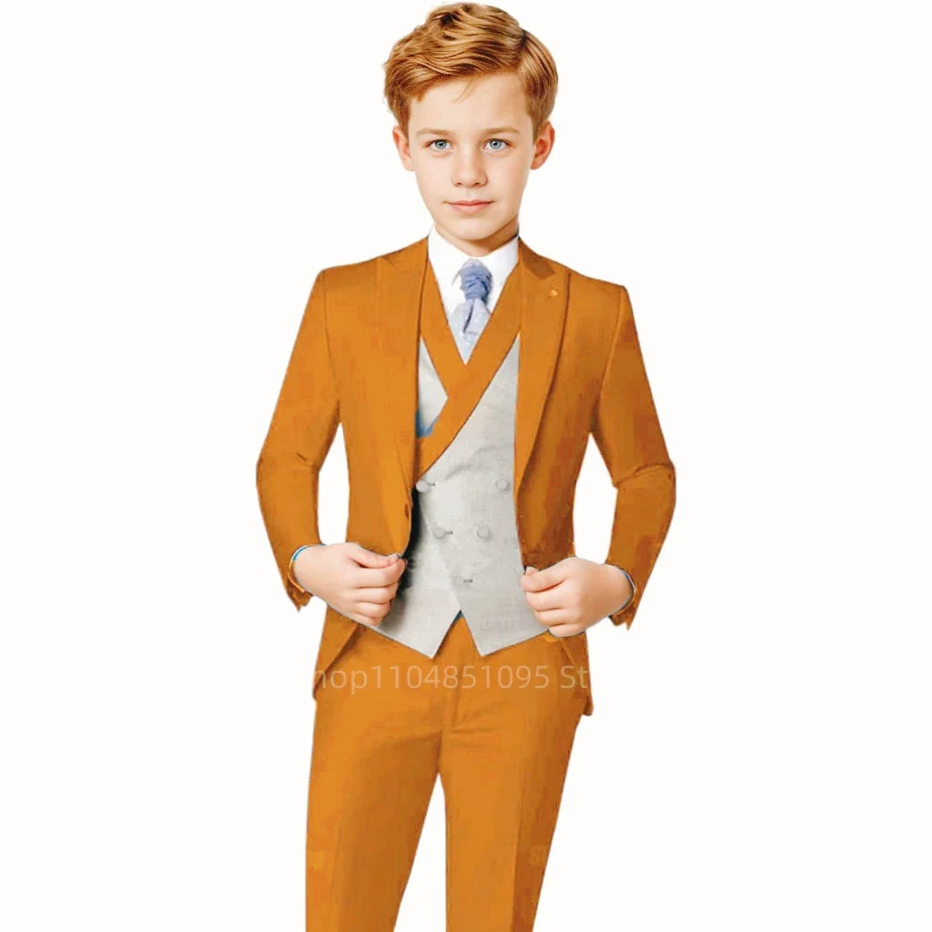 Elegant Orange Boy's Suit Set for Wedding 3 Pieces Suit Set Groom Tuxedo Sets Blazer Vest Pants Kids Guest Tuxedo Piano Suit