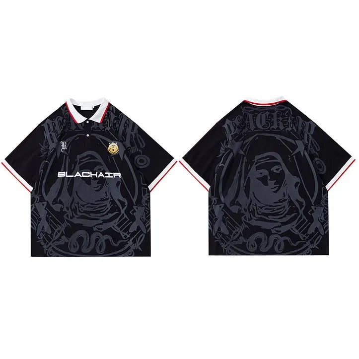 Hip Hop Streetwear Polo T-Shirt Virgin Mary Graphic T Shirt Men Polo Shirt Short Sleeve Harajuku Cotton Tops Tees Red Grey