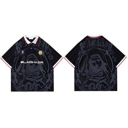Hip Hop Streetwear Polo T-Shirt Virgin Mary Graphic T Shirt Men Polo Shirt Short Sleeve Harajuku Cotton Tops Tees Red Grey