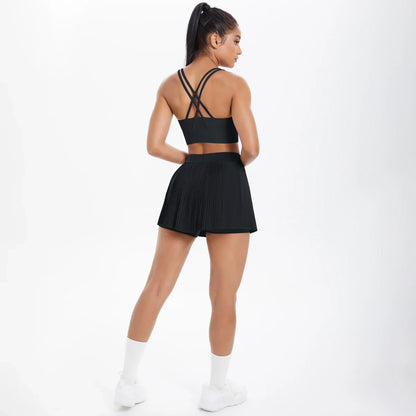 2pcs New Sexy Yoga Set Backless Cross Straps Sports Bra Fashion Breathable Culotte Yoga Shorts With Pocket Gym Women Sports Set