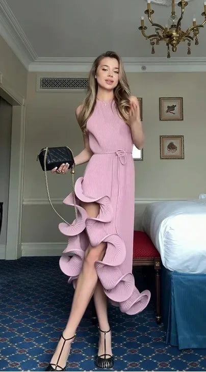 Women Romantic Yellow Halter Maxi Dress Ribbed Knit Ruffled High-slit Slim-fit Vestido 2026 Lady New Spring Trendy Fashion Robes