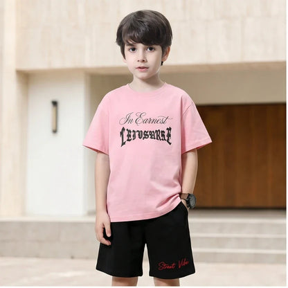 2Pcs Boys Cotton Summer Outfit Gothic Street Style Print T-shirt and Shorts Casual Sportswear for Kids 3-14Y RZ29