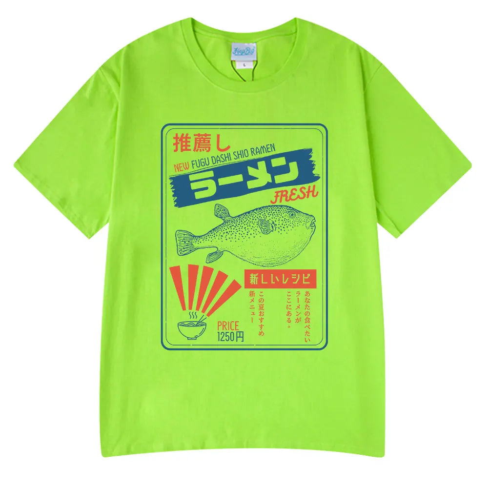 Vintage Fugu Puffer Fish Ramen T-Shirts Men Women Clothing Summer 100% Cotton Tee Shirt Fashion Crewneck Short Sleeve T Shirt