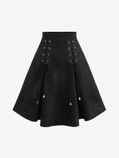 S-3XL Black Lace Up Crisscross Strappy Buckle Grommet Skirts Suspenders Detachable,  Women Casual Knee-Length Suspender Skirt