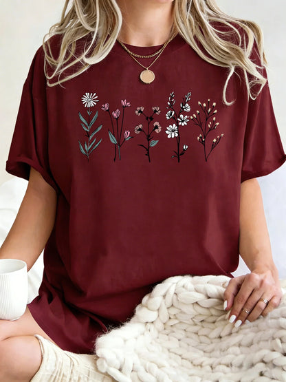All Kinds Of Beautiful Flowers Printed T-Shirt Women Cotton Loose T Shirts All-Match Summer Clothing Comfortable Y2K Streetwear