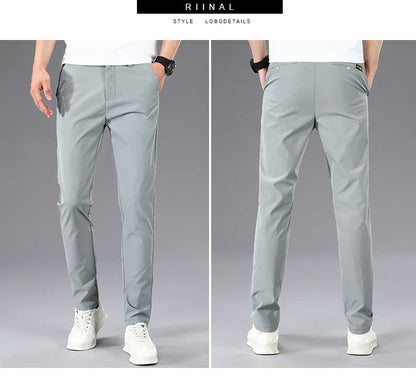 Business Thin Men's Breathable Pants Slim Straight High Elastic Slim Casual Pants Male Brand Clothing Khaki Gray Green Black