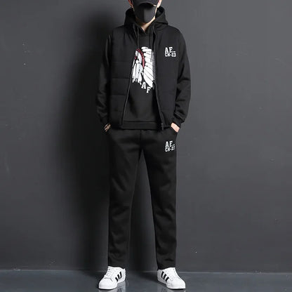 3 Pieces Set Hoodies+Vest+Pants Casual Track Suit Clothing Coats Winter Thick Warm Tracksuit for Couple Printed Mens Set Vest