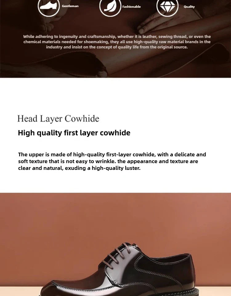 Spring and Autumn New Men's Business Casual Shoes Genuine Leather Thick Soled Round Toe British Formal Derby Shoes