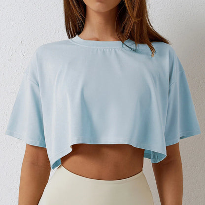 Camiseta Esportiva Feminina de Algodão Manga Curta Dança Corrida Yoga Fitness Cropped Top Mostrando o Umbigo Novo Solto para Academia
