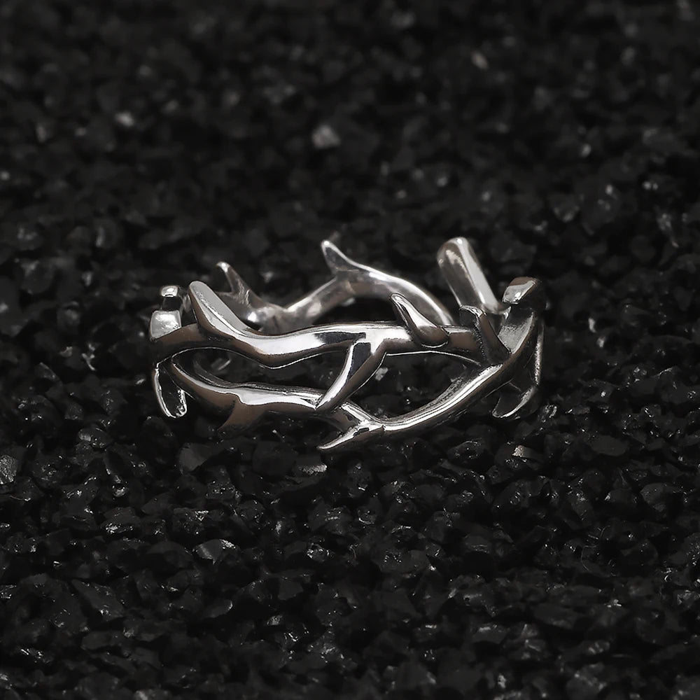 925 Sterling Silver Gothic Thorn Couple Rings for Women Men Punk Retro Cool Spiky Finger Ring Adjustable Hip-hop Y2k Jewelry