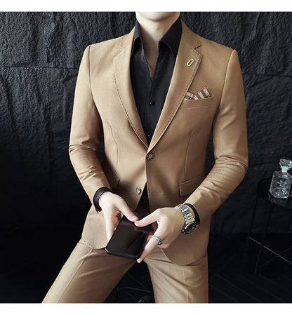 Men's Korean Style Slim Fit Suit Set, High Quality Fabric Solid Color Edge Pressing for Wedding Business