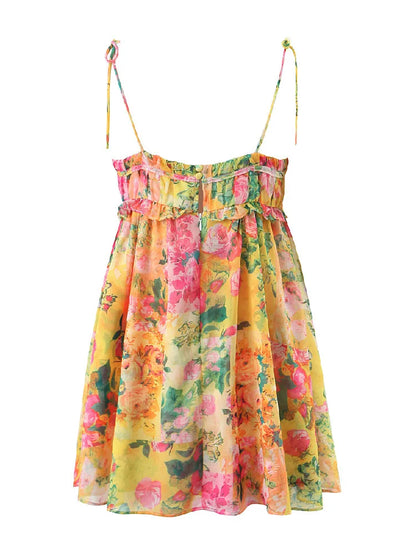 Flower Print Spaghetti Strap Mini Dress Women Backless Skater Lacing up Sling Robe Holiday
