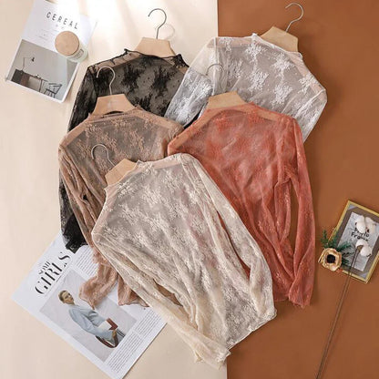 Elegant Sexy Women's Mesh T-Shirts Long Sleeve Lace See Through Blouse Versatile Bottoming Shirt Girls Sheer Tees Body Crop Top