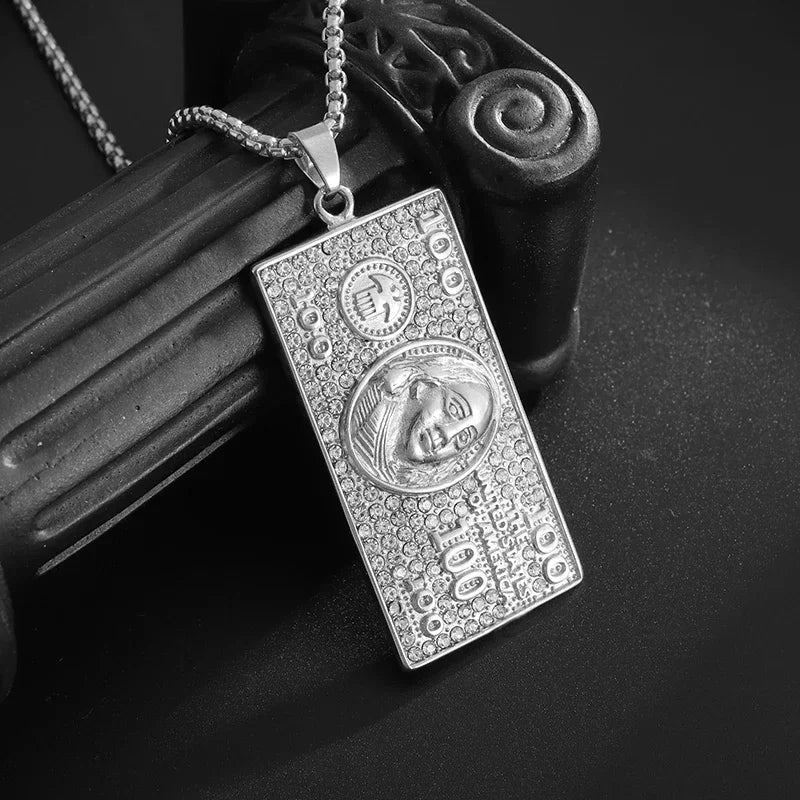 Stainless Steel 100 Dollar Bill Pendant Necklace for Men Women Fashion Lucky Wealth Jewelry Exquisite Gift