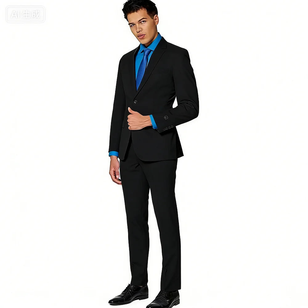 Men's 2-Piece Slim Fit Suit Set Breathable Polyester Wedding Groomsmen Formal Suit with Black Tie Option