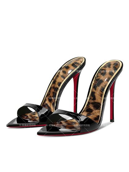 2025 New Leopard Pattern Pointed High Heels for Women, Ultra fine Heels, Slippers with Bare Toes, Half Dragged, Simple Sandals
