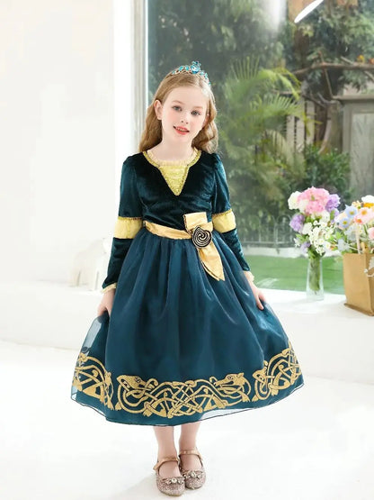 Girl Cosplay Brave the Heart Princess Merida Long Sleeves Dress Belt Set Holiday Party Carnival Party Stage Outfits Dress