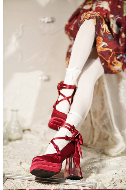 Original Lolita Red High Heels Women's Sweet Elegant Bow Velvet Mary Jane Shoes Ladies Birthday Party Cos Platform Shoes Spring