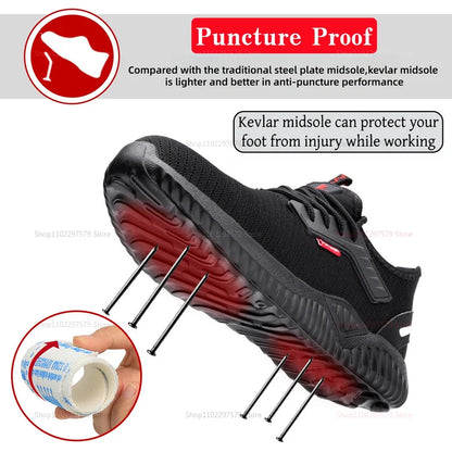 Steel-toe work shoes, puncture-resistant safety boots, sturdy industrial shoes, comfortable and breathable, and slip-resistant.