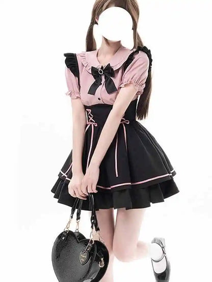 Cute Sweet Lolita Dr Set Women's School Sle Princ Skirt Blouse Two-Piece Set High Waist A-Line ort Sve Doll Collar