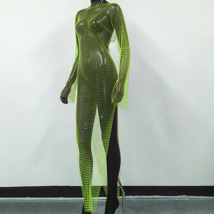 Shiny Rhinestones Grid Fishnet Dress Long Sleeve O-Neck Hollw Out Side Slit Dress Sexy Beach Cover Up Breathable Women Vestidos